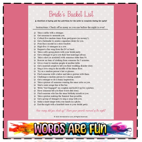 Bride's Bucket List Game