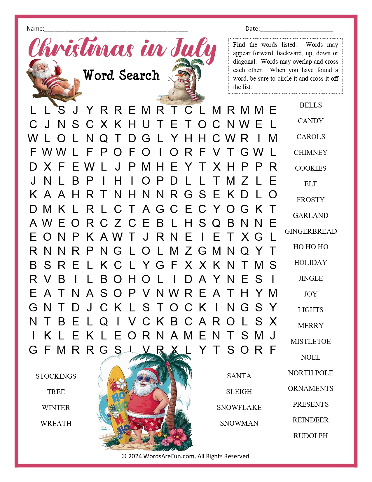 Christmas in July Word Search
