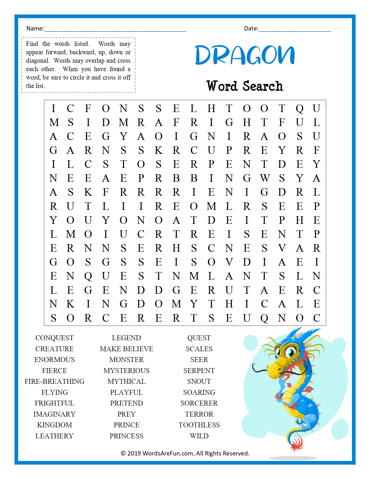 Dragon Word Search For Kids