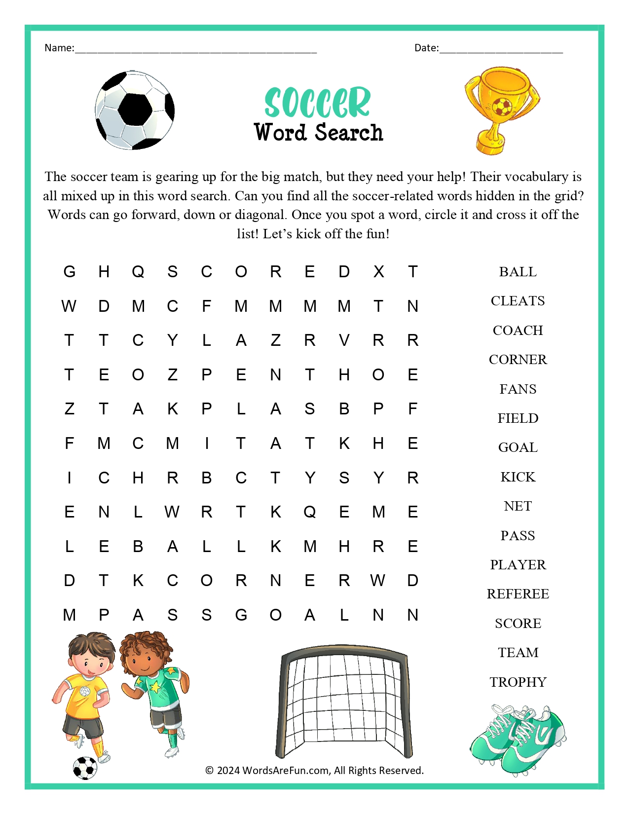 Easy Soccer Word Search