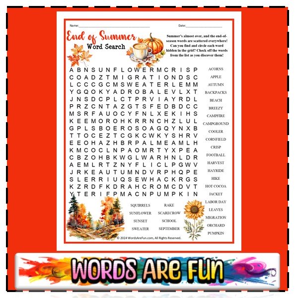 End of Summer Word Search