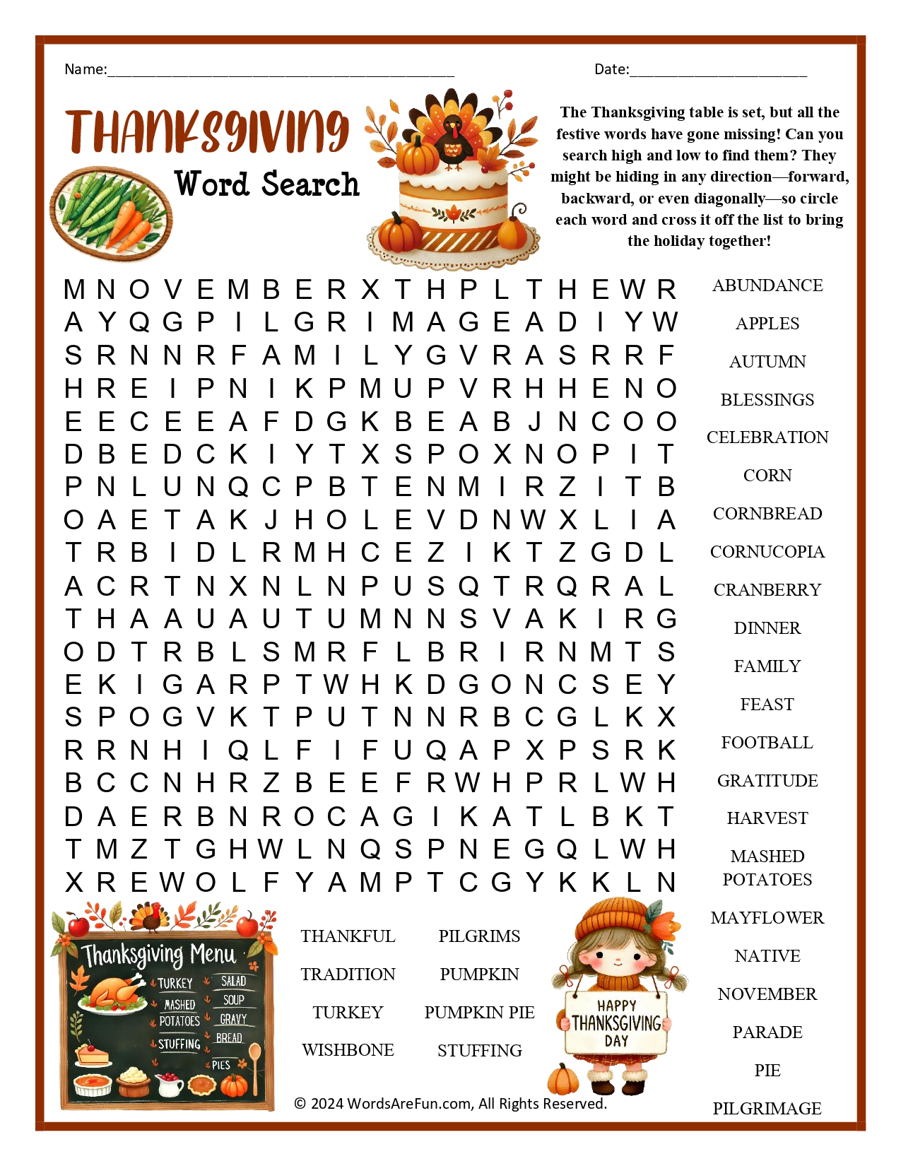 Free Thanksgiving Word Search