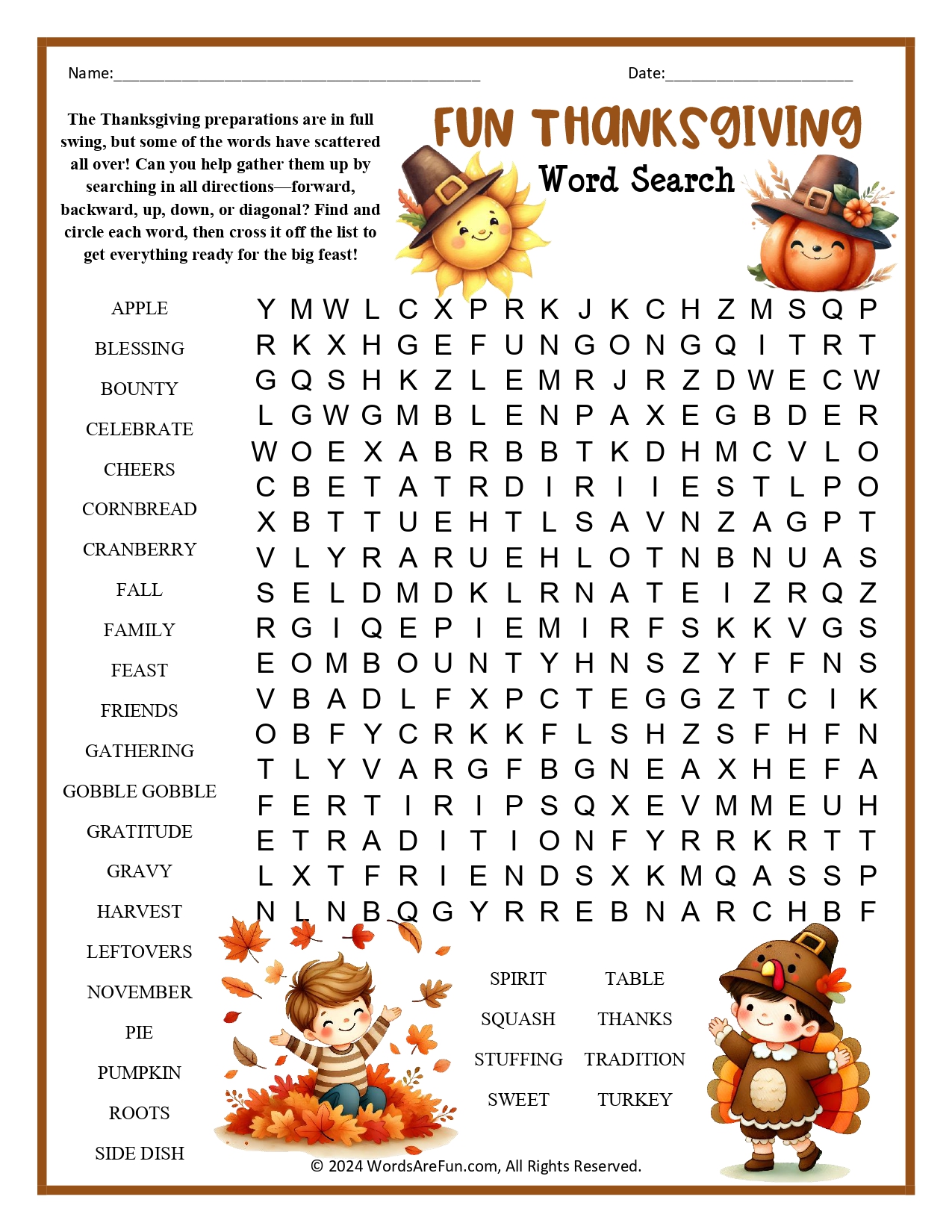 Fun Thanksgiving Word Search