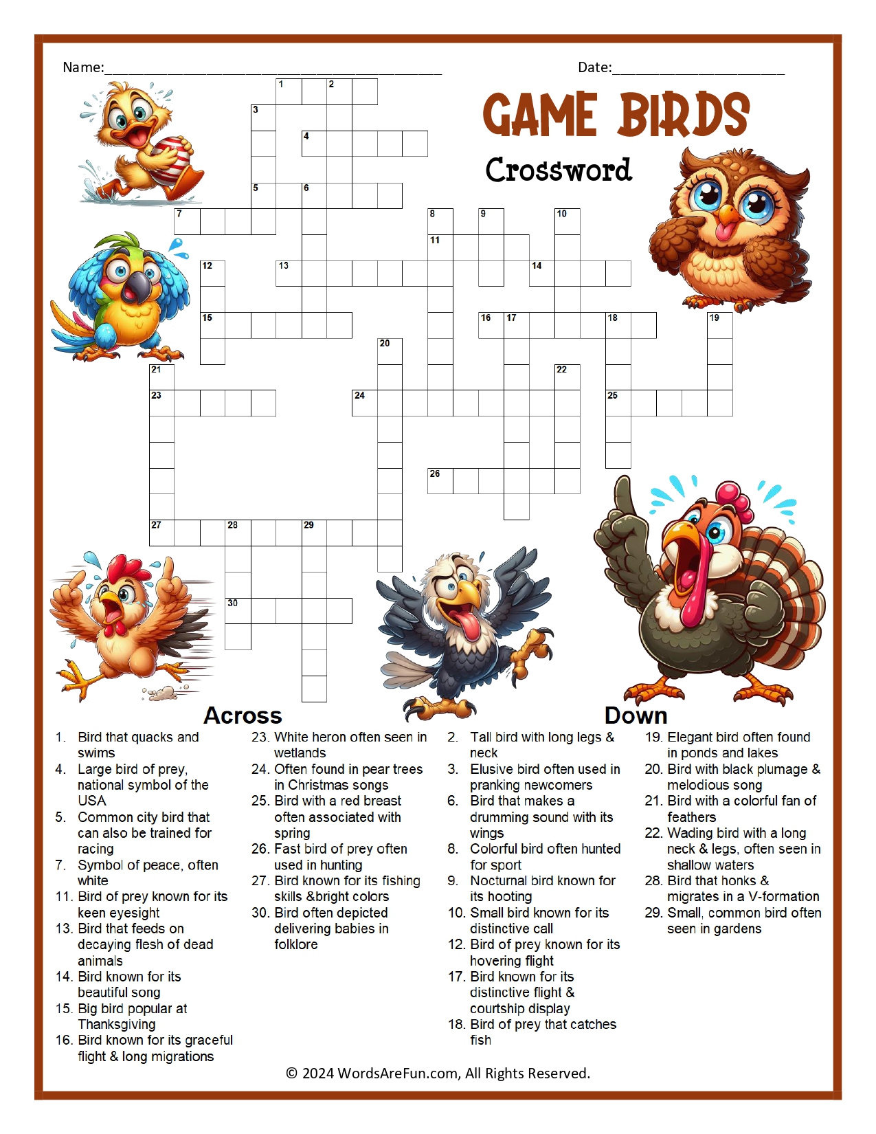 Game Birds Crossword Puzzle