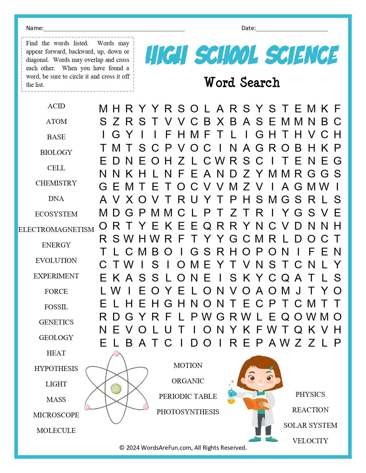 High School Science Word Search