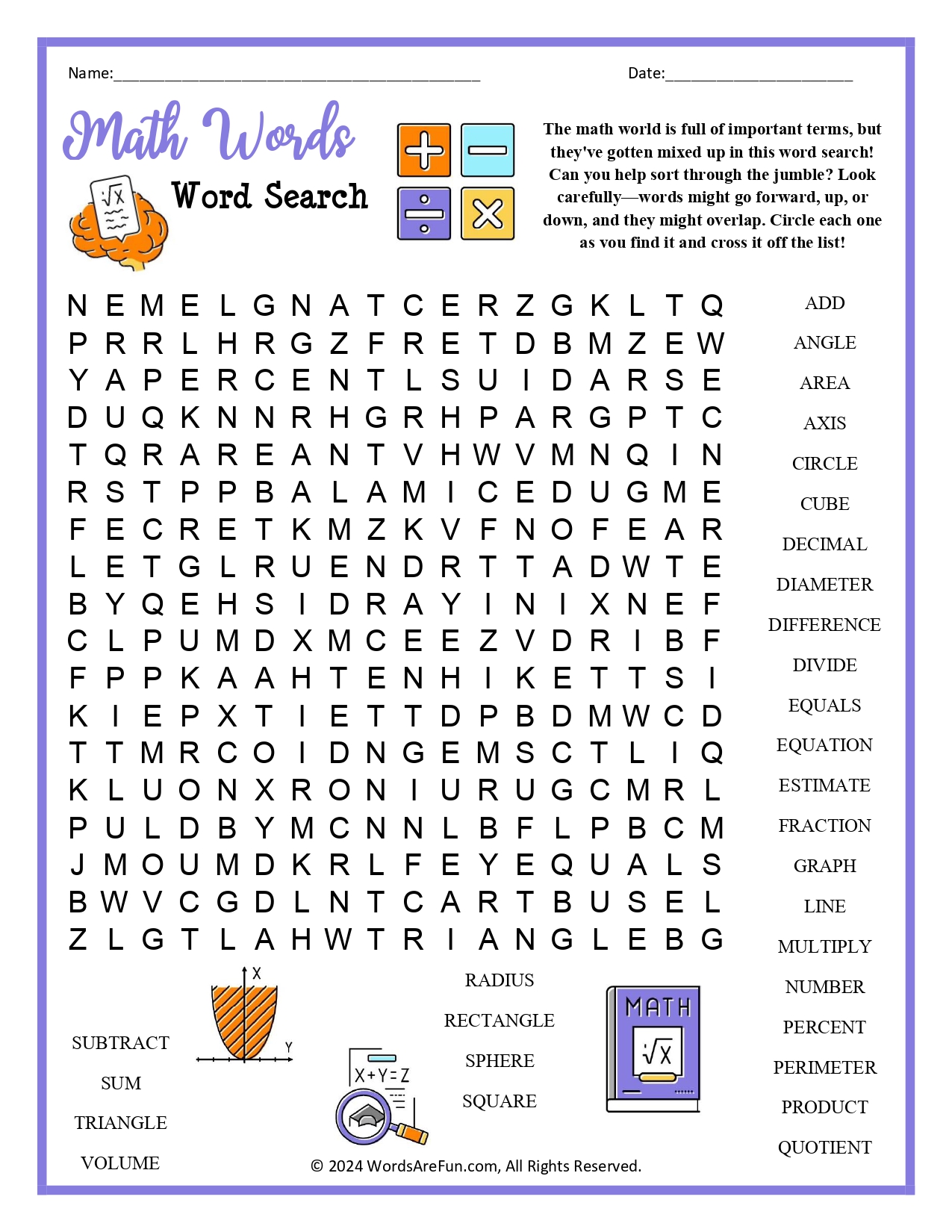 Math Words Word Search Printable