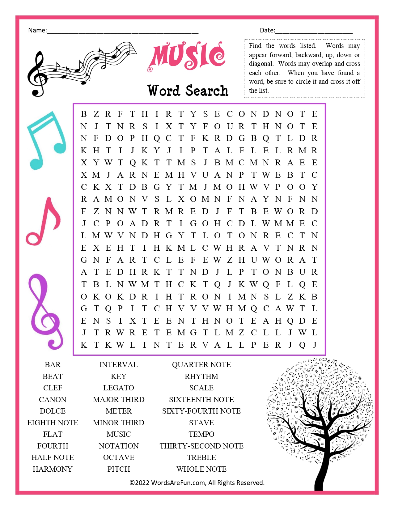 Music Word Search For Kids