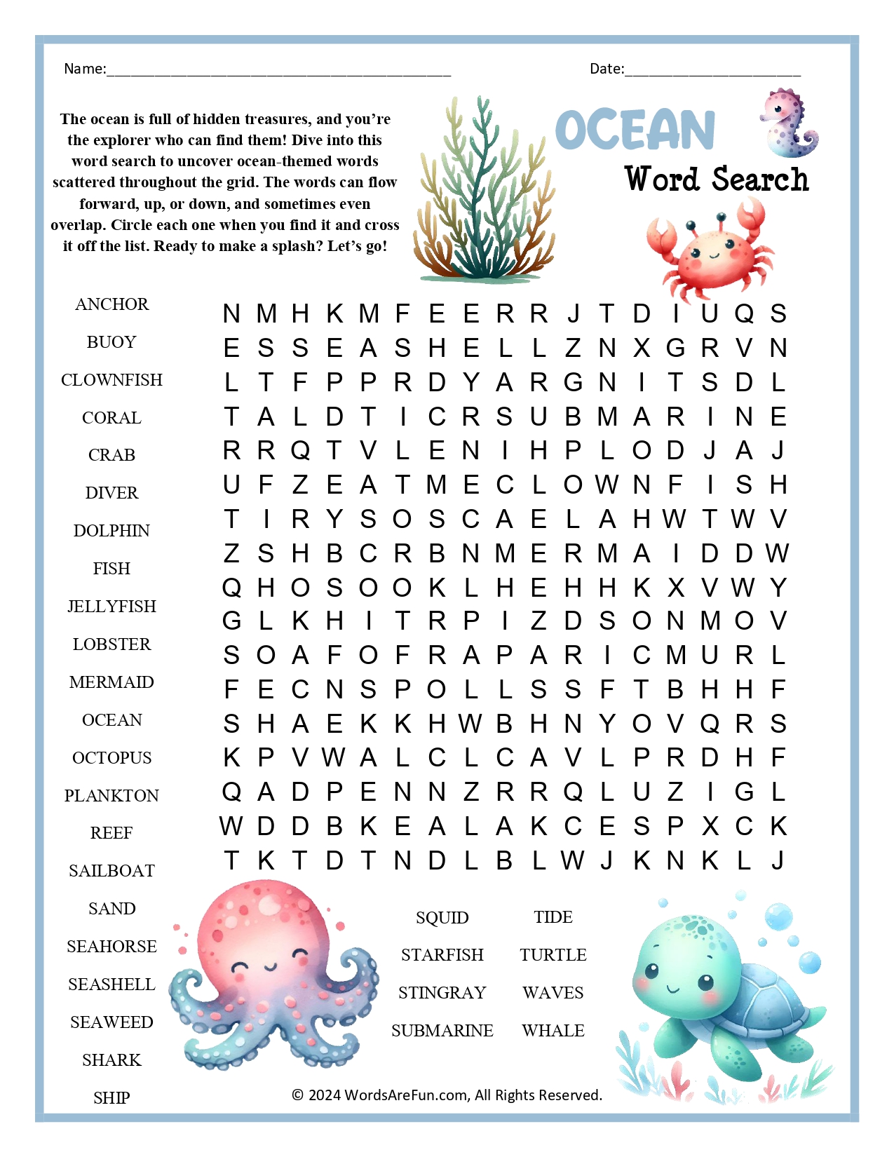 Ocean Word Search for Kids