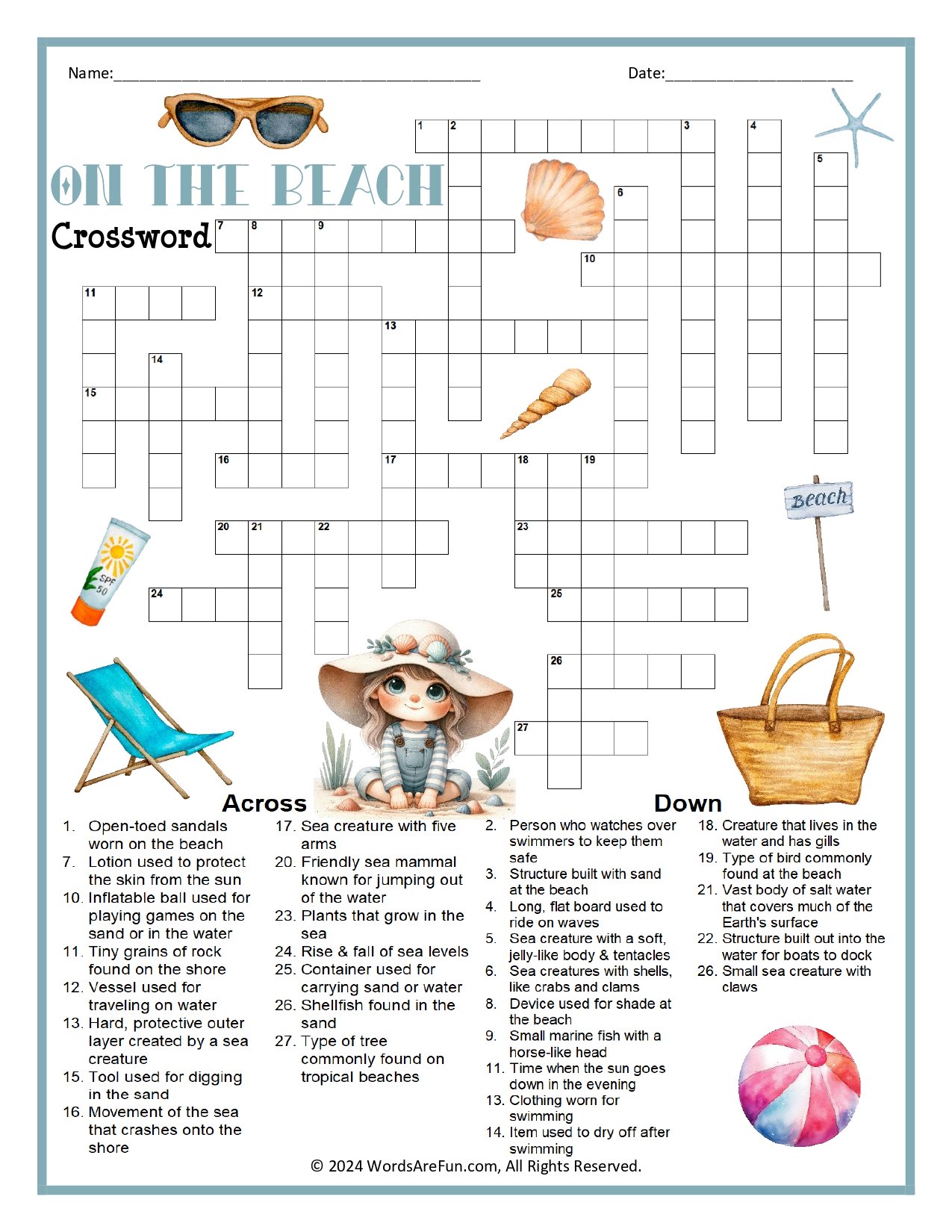 On the Beach Crossword Puzzle