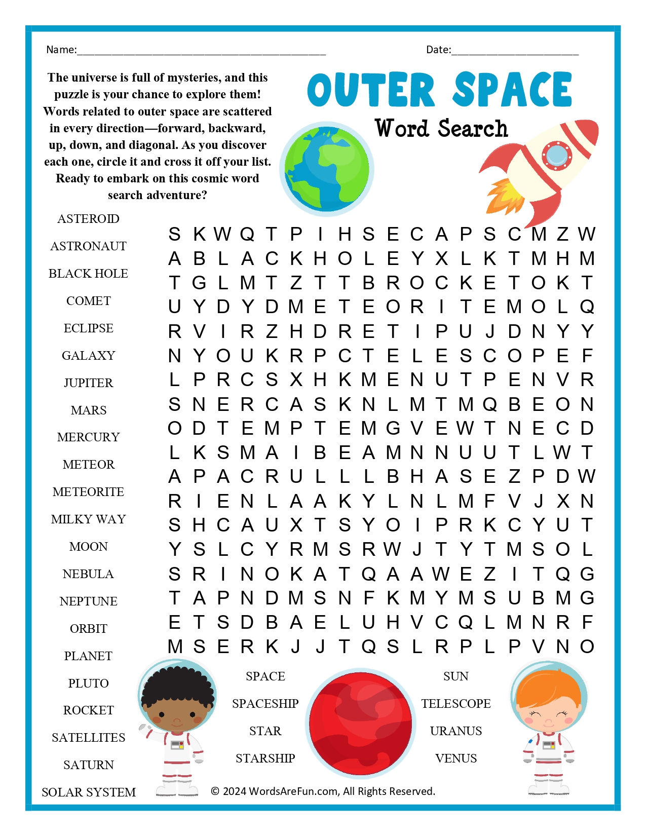 Outer Space Word Search