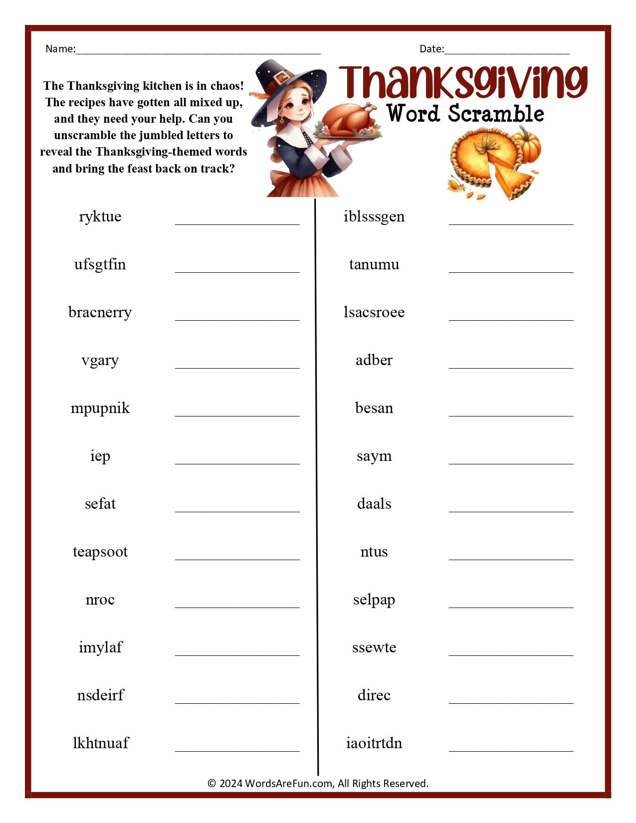 Thanksgiving Word Scramble