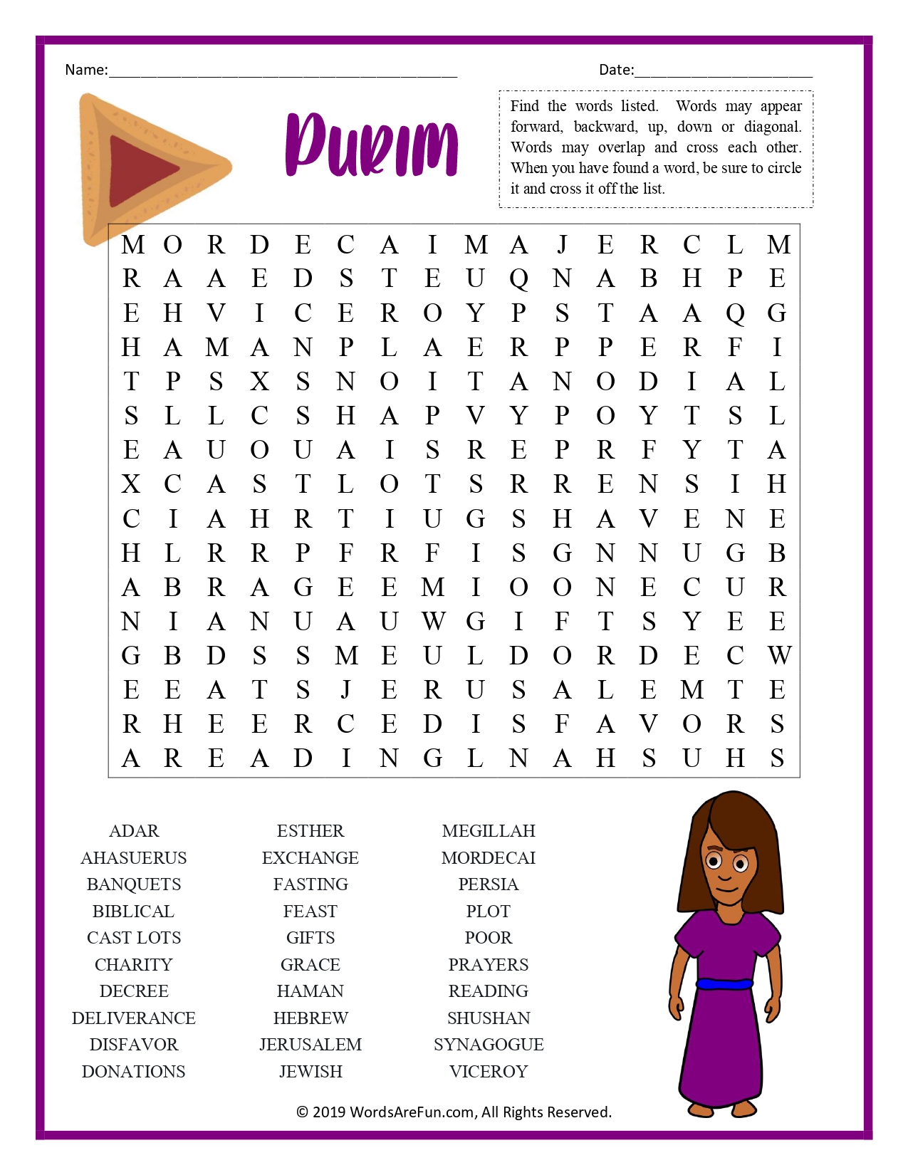 Purim Word Search For Kids