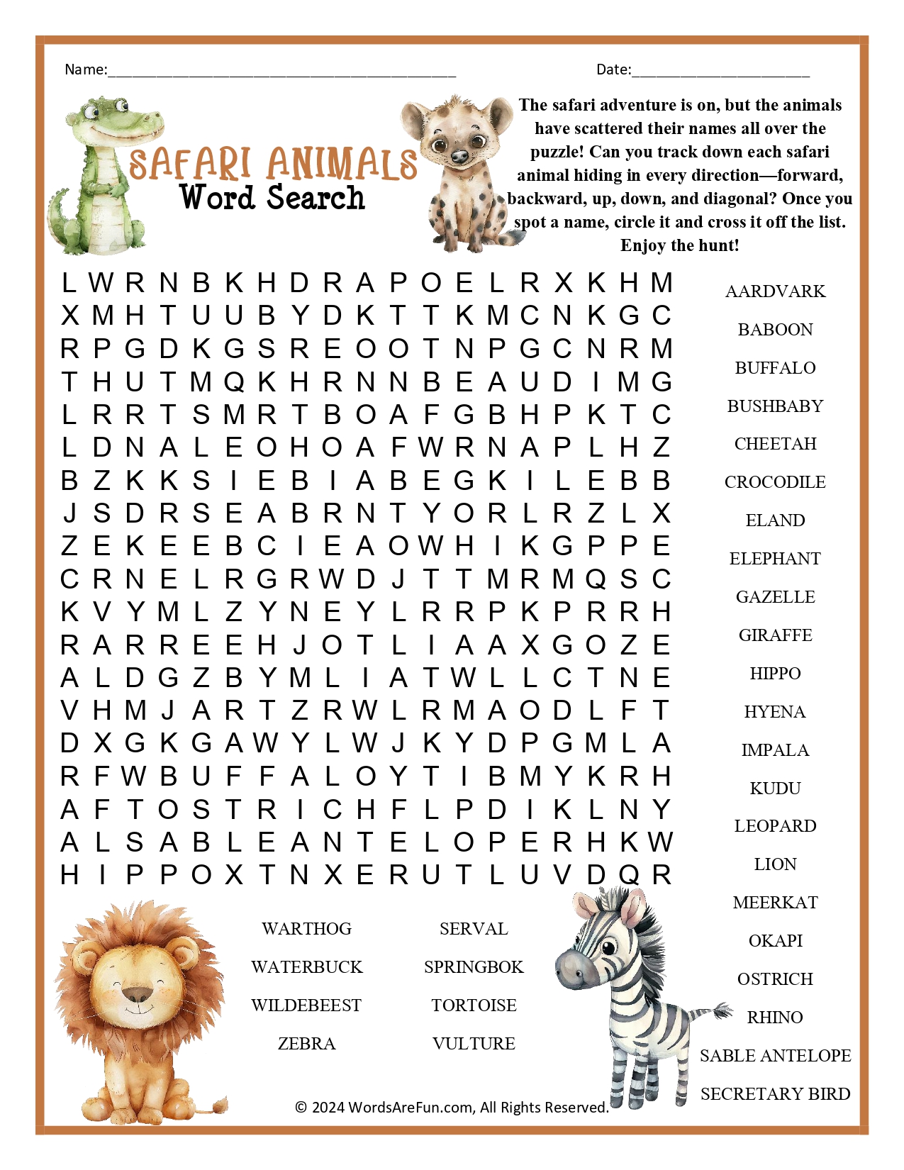 Safari Animals Word Search