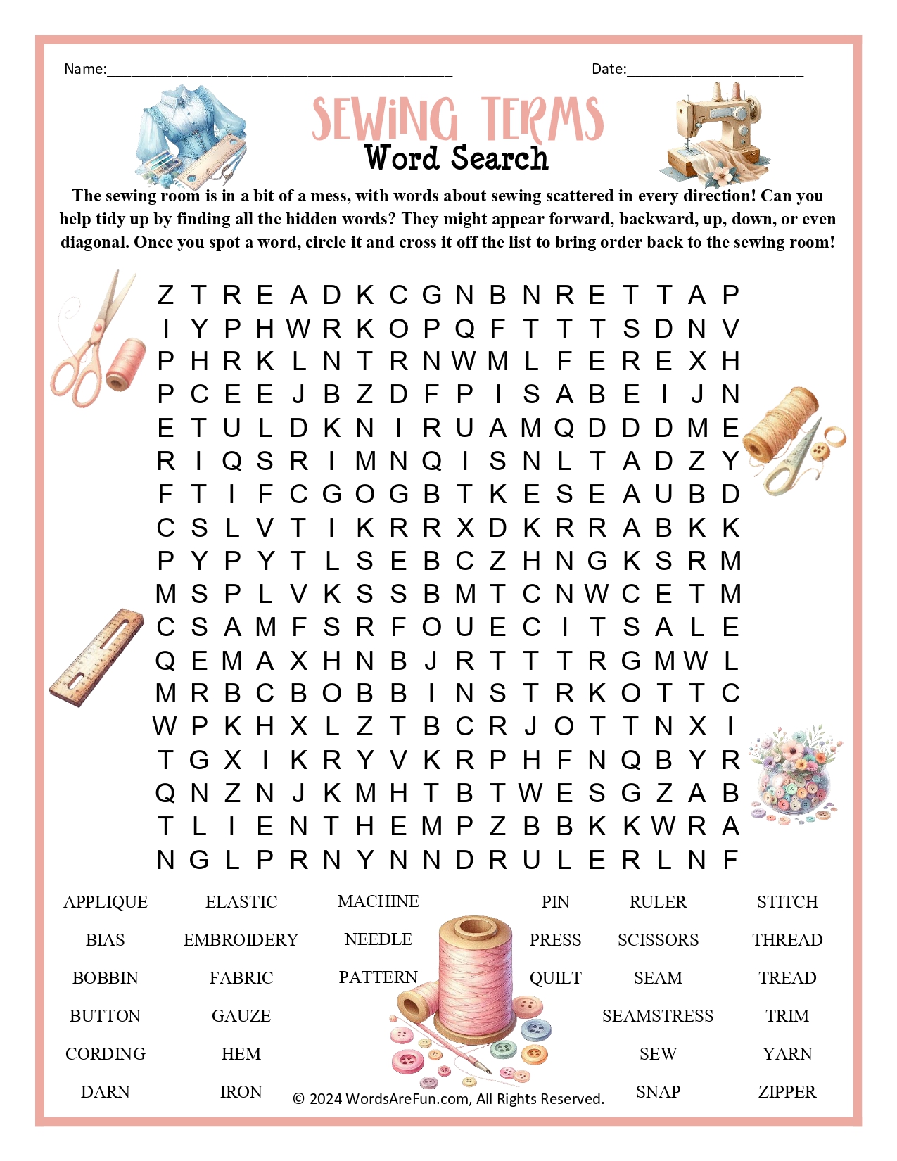 Sewing Word Search