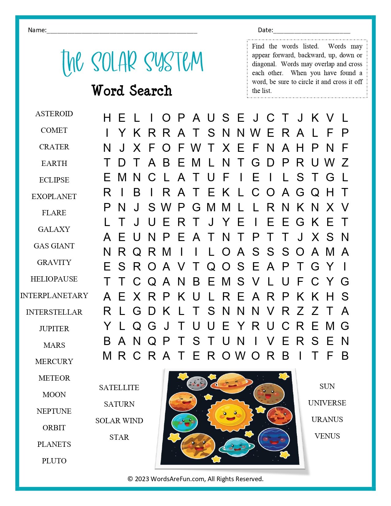 Solar System Word Search Printable