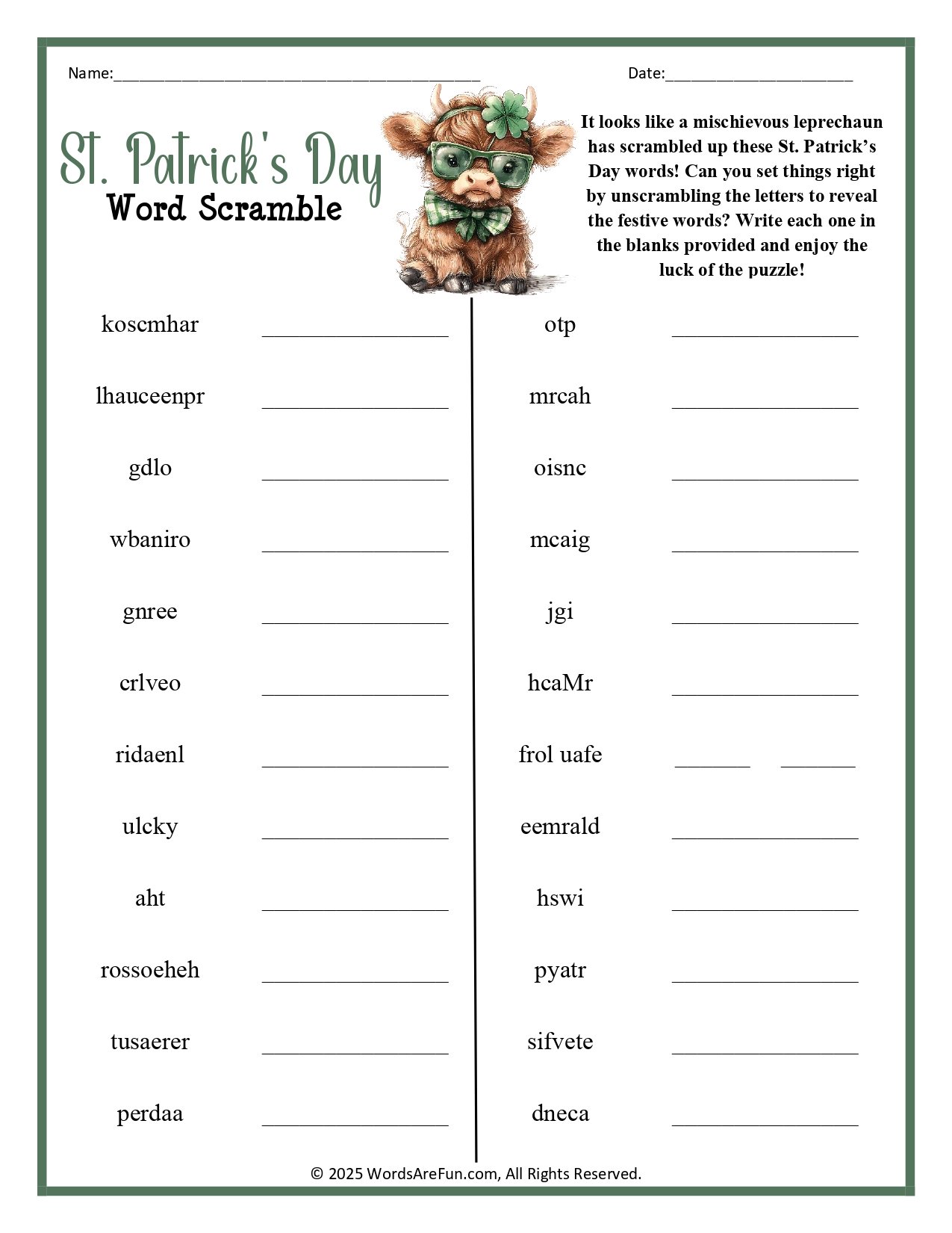 St. Patrick's Day Word Scramble