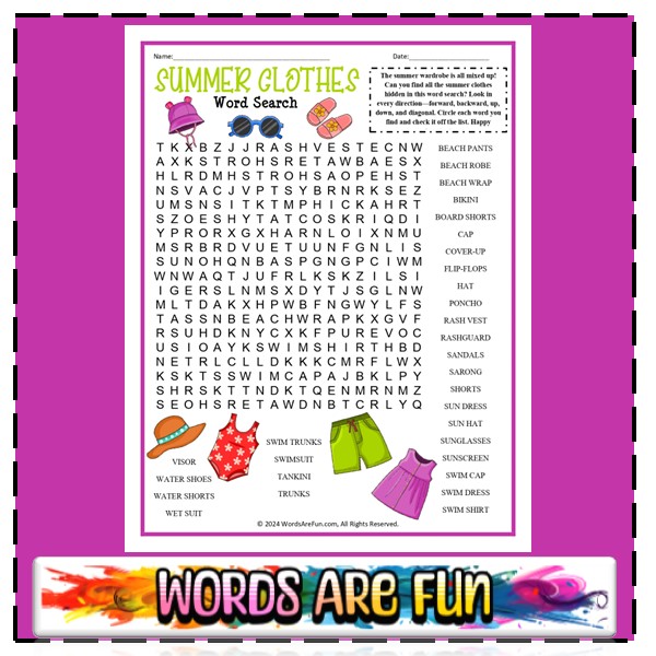 Summer Clothing Word Search