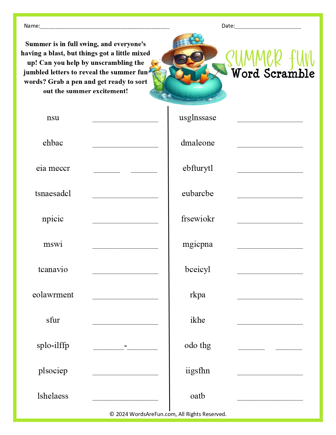 Summer Fun Word Scramble