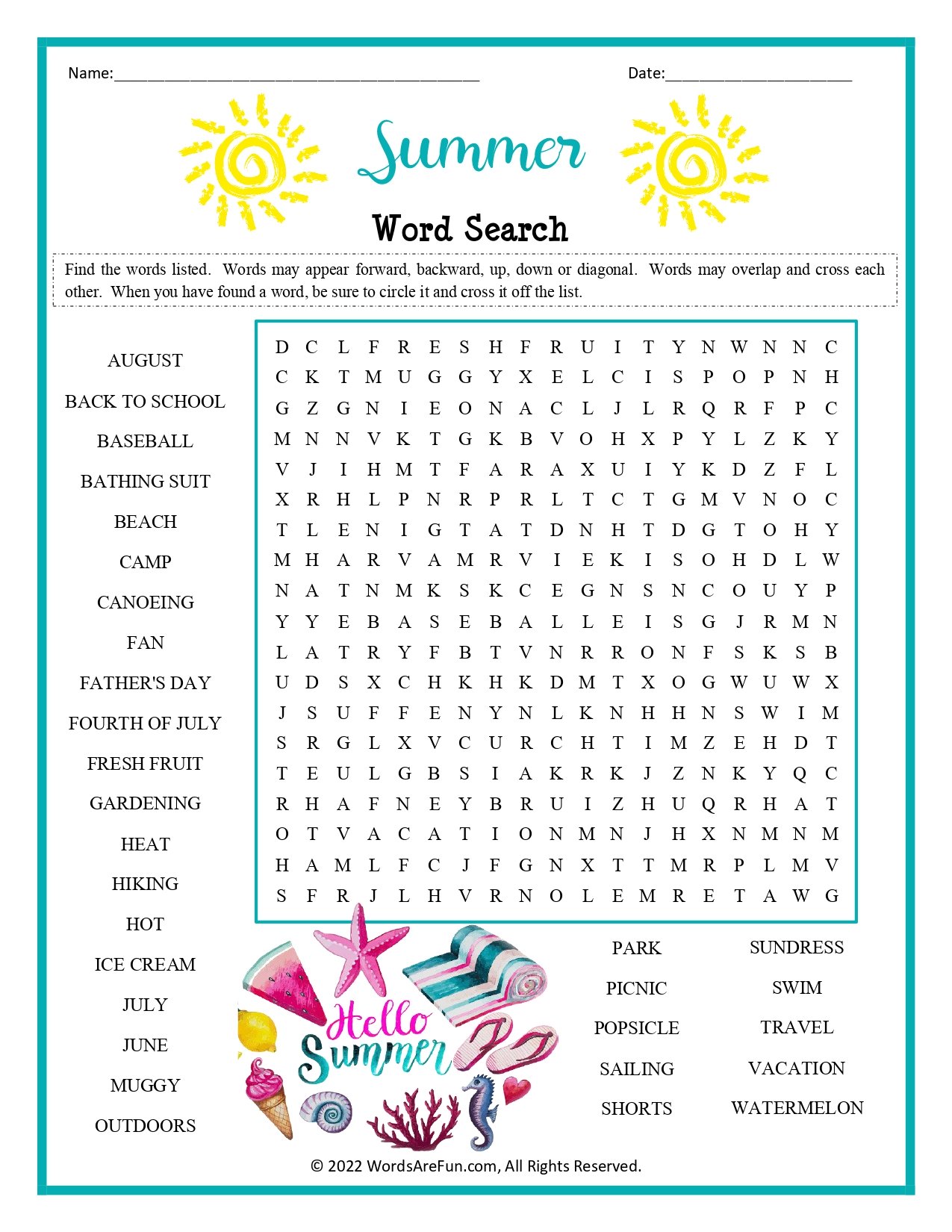Summer Word Search For Kids