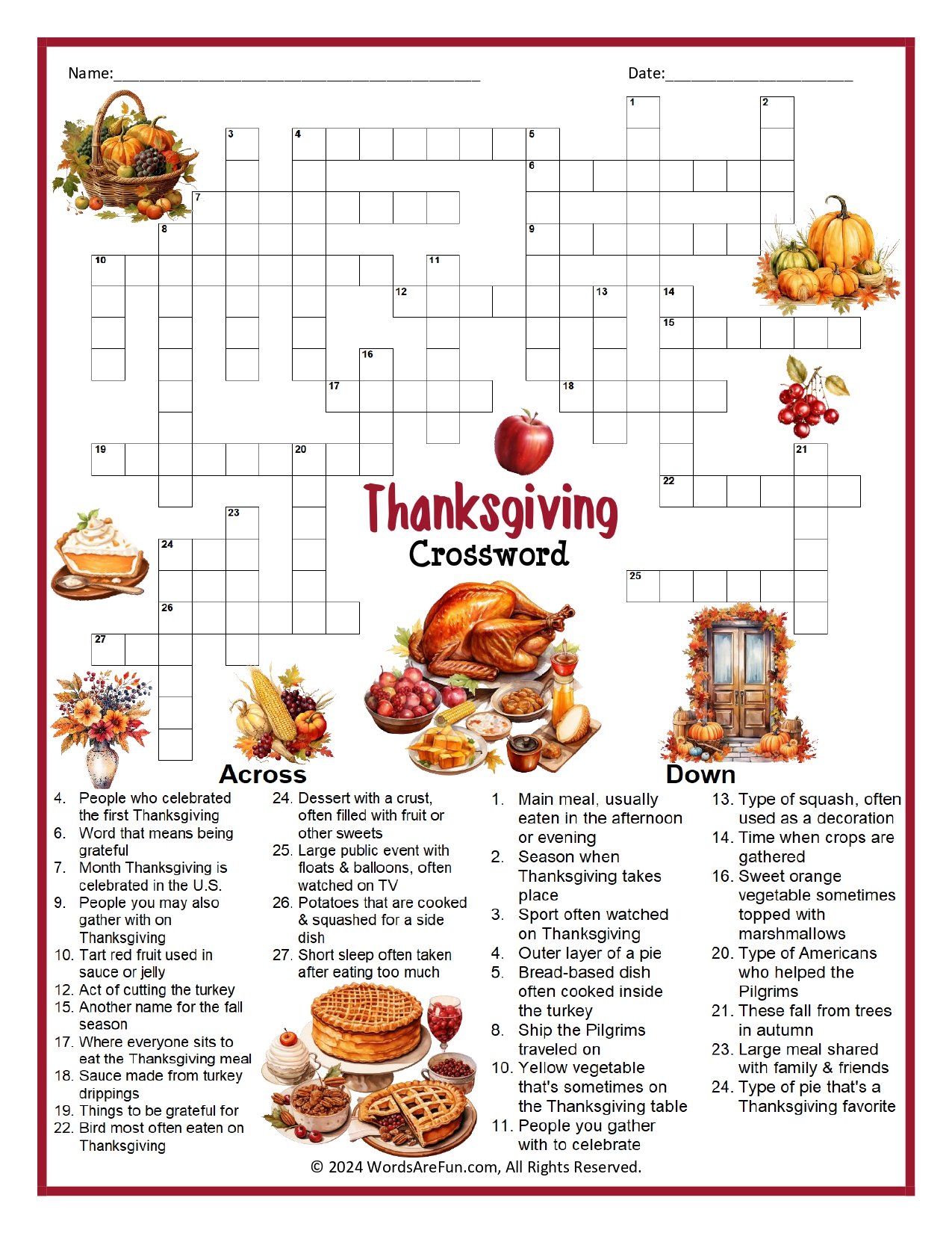 Thanksgiving Crossword Puzzle