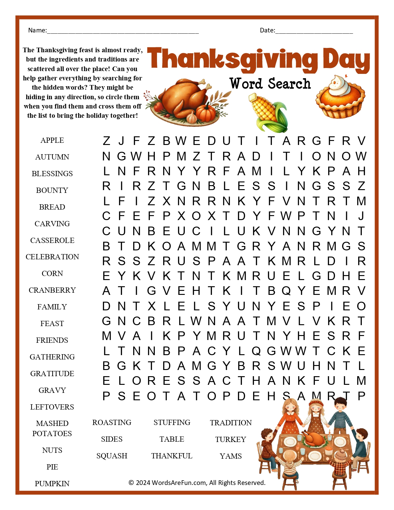 Thanksgiving Day Word Search