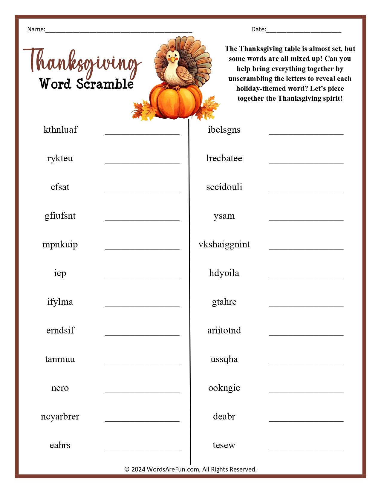 Thanksgiving Word Scramble