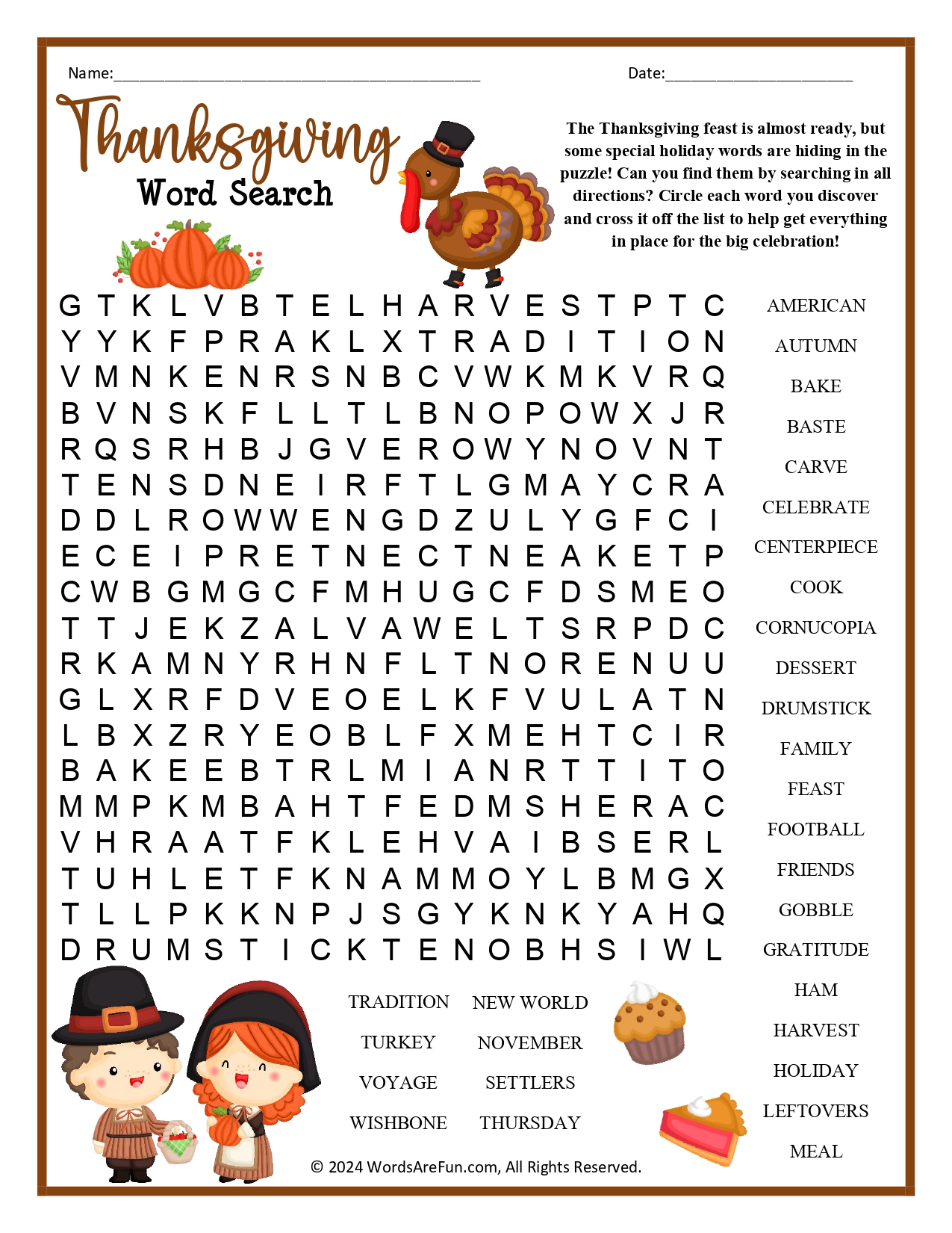 Thanksgiving Word Search for Kids