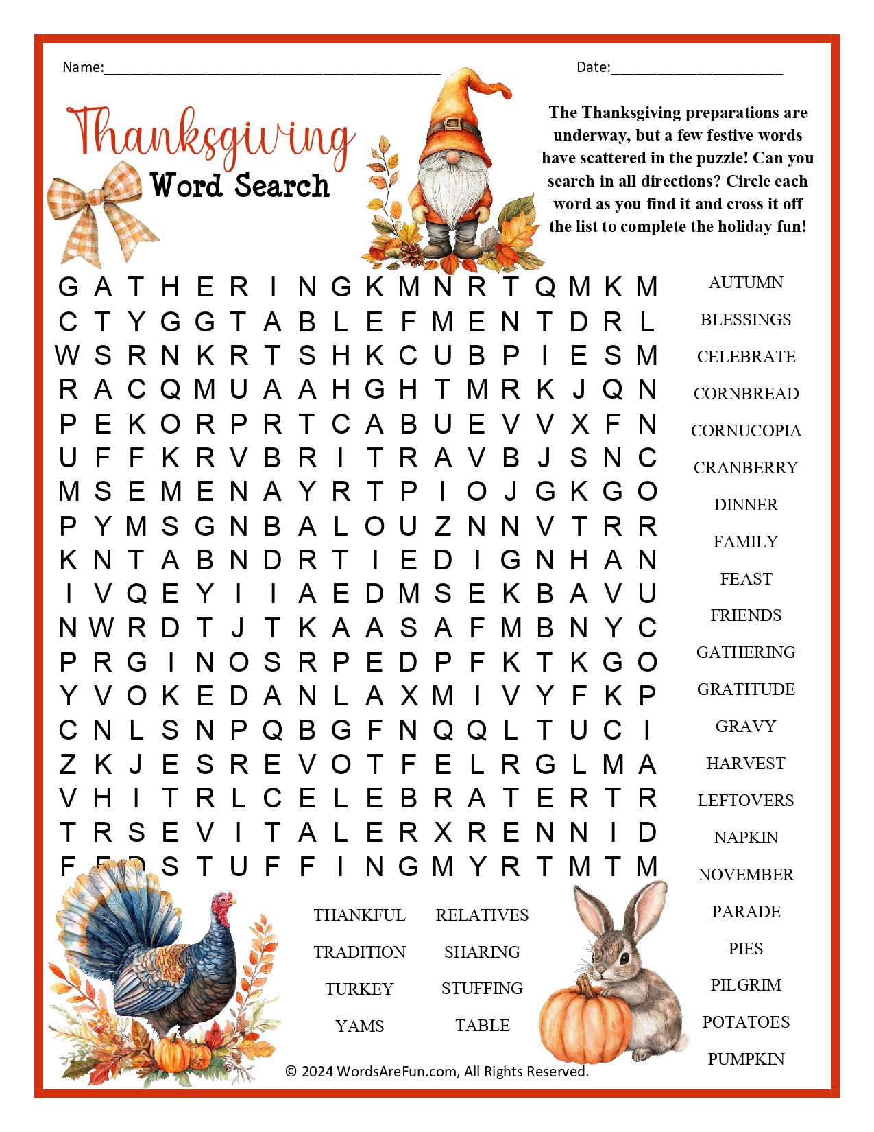 Thanksgiving Word Search