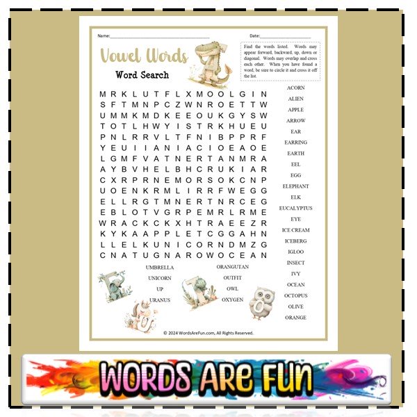 Vowel Words Word Search