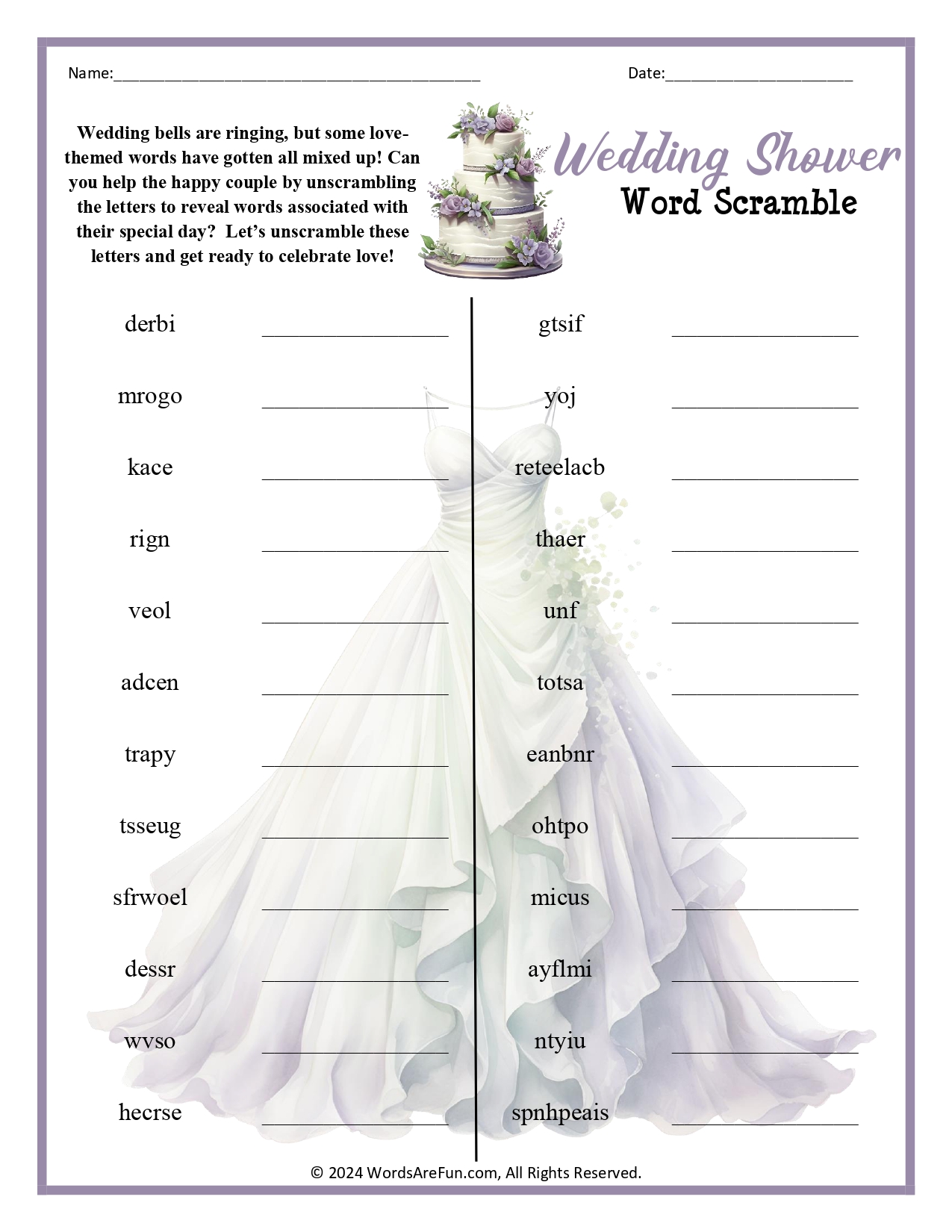 Wedding Shower Word Scramble