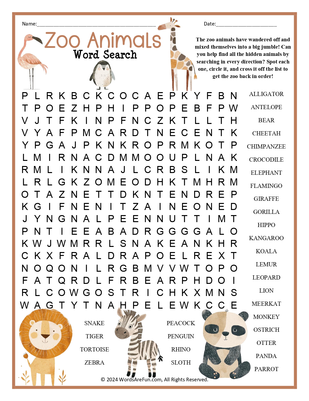 Zoo Animals Word Search